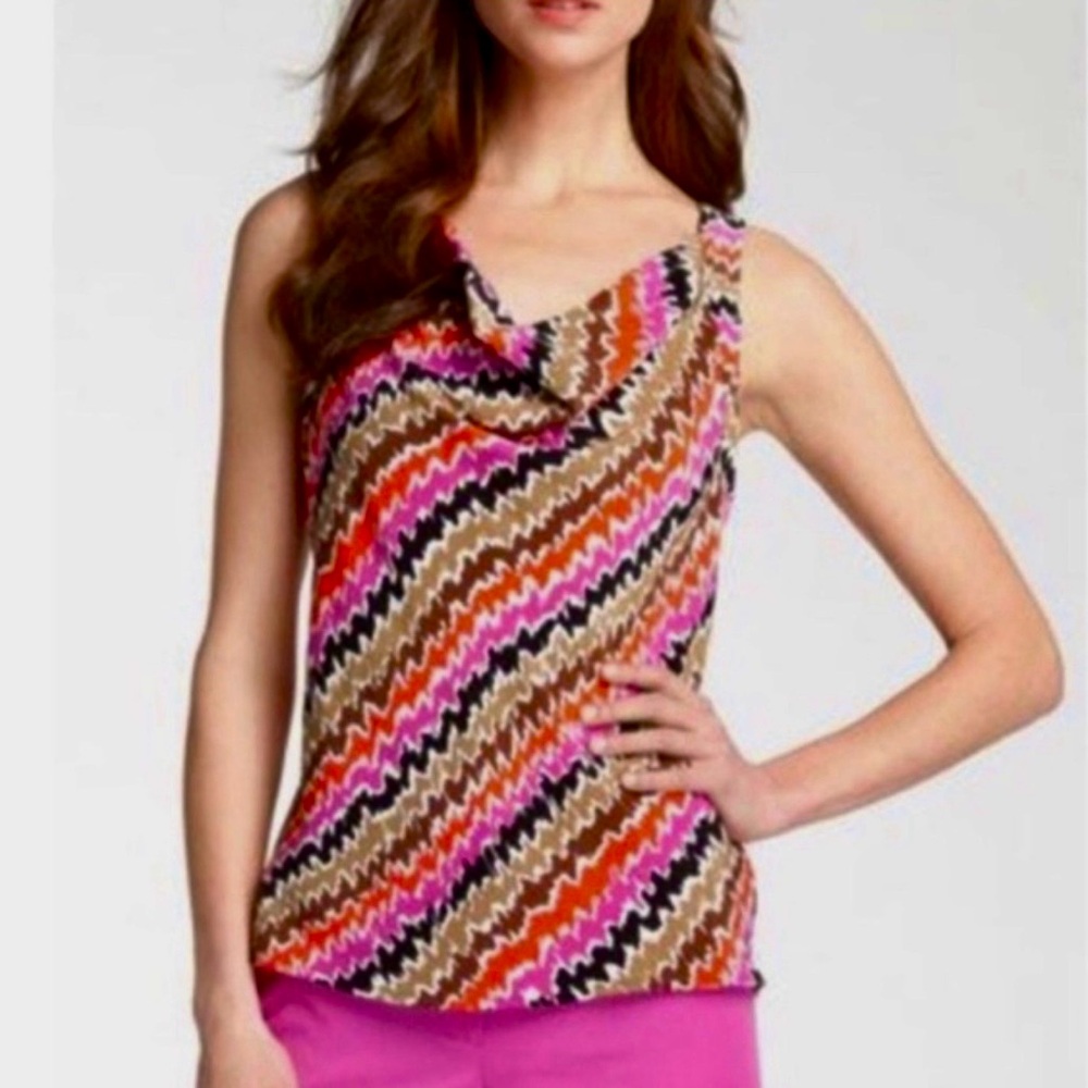 Trina Turk Cowl Neck Sleeveless Vibrant Abstract Print Silk Blouse Size Large